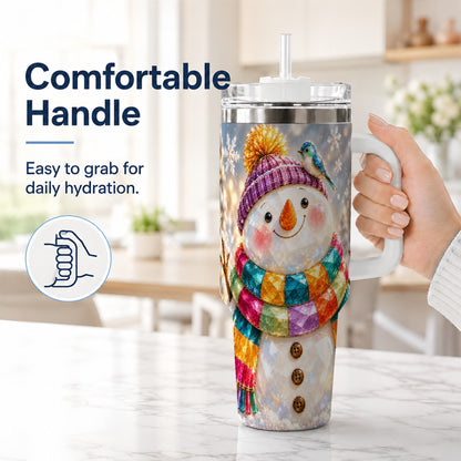 #pl[40oz|White] Jewel Tone Snowman 40oz Tumbler with Handle, Winter Travel Cup