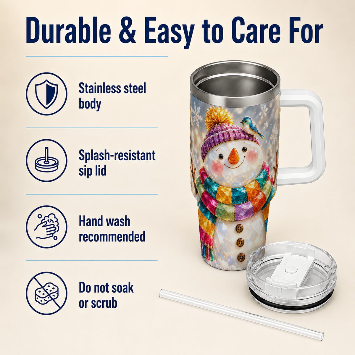 #pl[40oz|White] Jewel Tone Snowman 40oz Tumbler with Handle, Winter Travel Cup