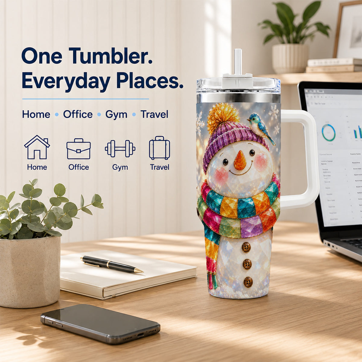#pl[40oz|White] Jewel Tone Snowman 40oz Tumbler with Handle, Winter Travel Cup