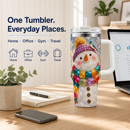 #pl[40oz|White] Jewel Tone Snowman 40oz Tumbler with Handle, Winter Travel Cup