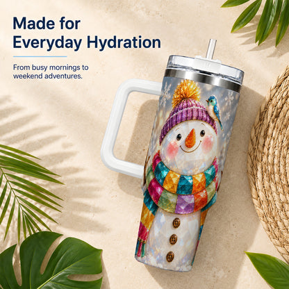 #pl[40oz|White] Jewel Tone Snowman 40oz Tumbler with Handle, Winter Travel Cup