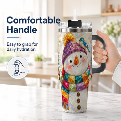 #pl[40oz|Black] Mosaic Snowman 40oz Tumbler with Handle, Winter Travel Cup