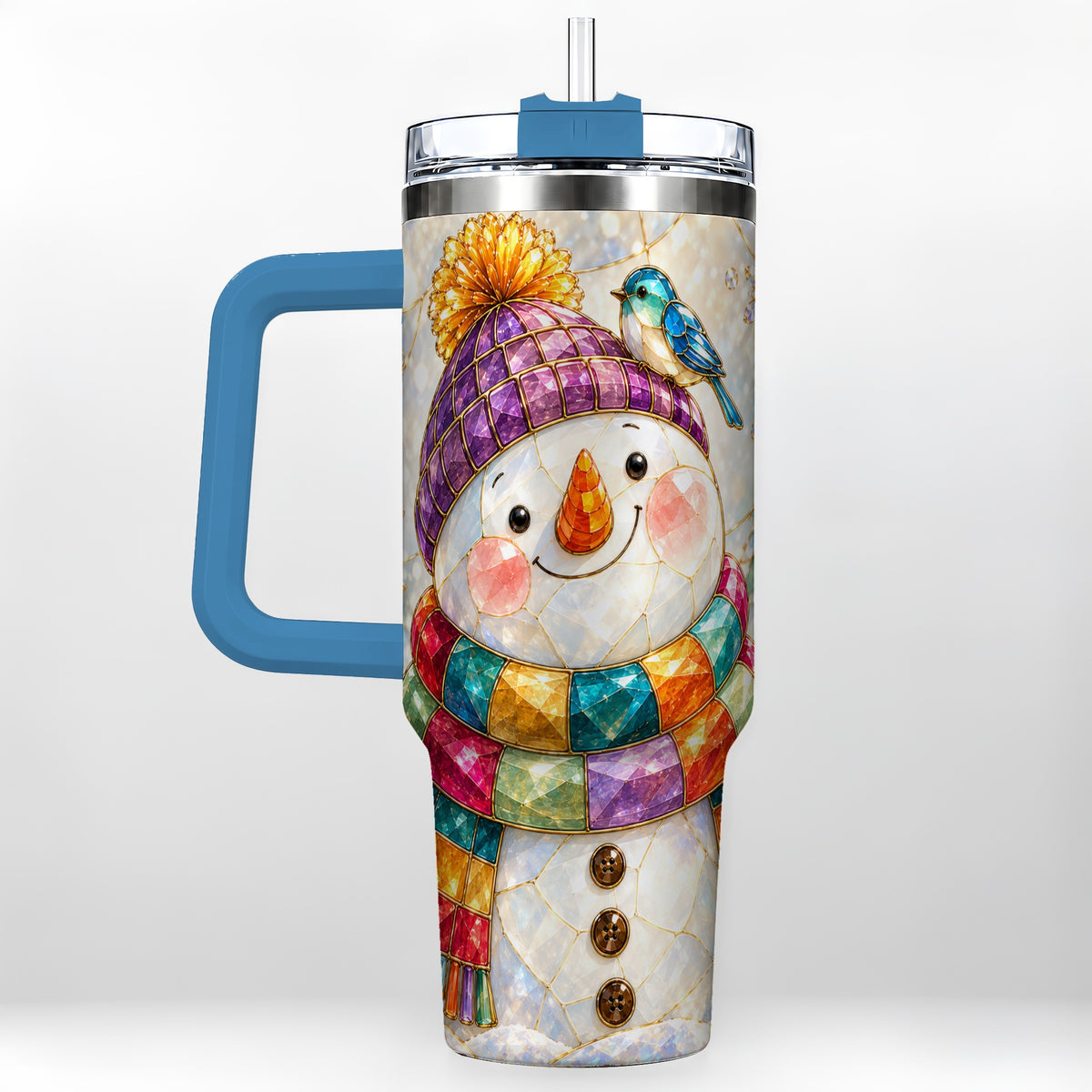 #pl[40oz|Blue] Mosaic Snowman 40oz Tumbler with Handle, Winter Travel Cup