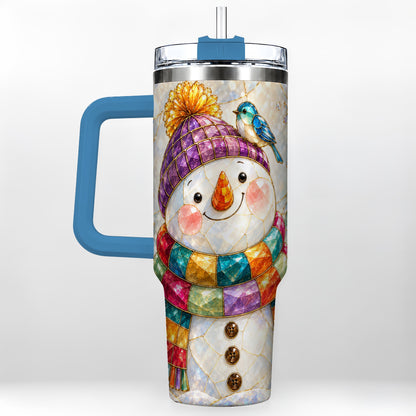 #pl[40oz|Blue] Mosaic Snowman 40oz Tumbler with Handle, Winter Travel Cup