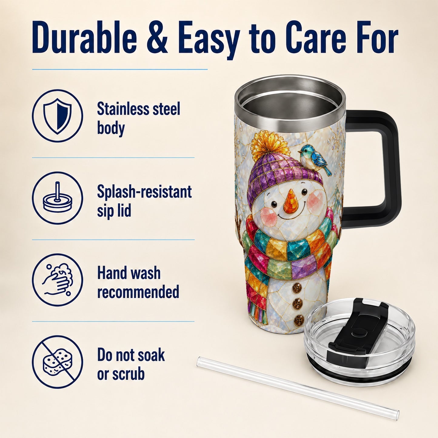 #pl[40oz|Black] Mosaic Snowman 40oz Tumbler with Handle, Winter Travel Cup