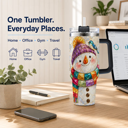 #pl[40oz|Black] Mosaic Snowman 40oz Tumbler with Handle, Winter Travel Cup