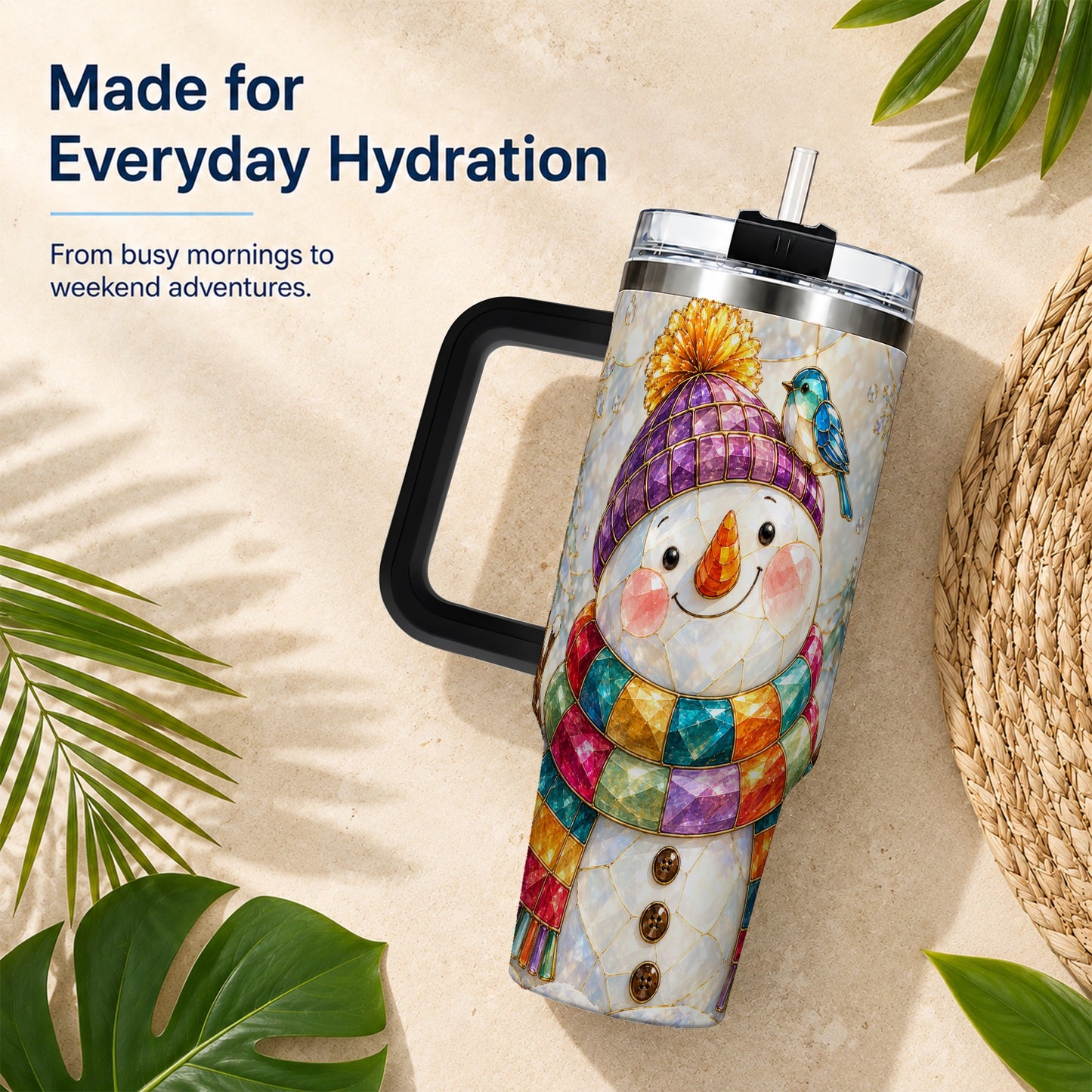 #pl[40oz|Black] Mosaic Snowman 40oz Tumbler with Handle, Winter Travel Cup