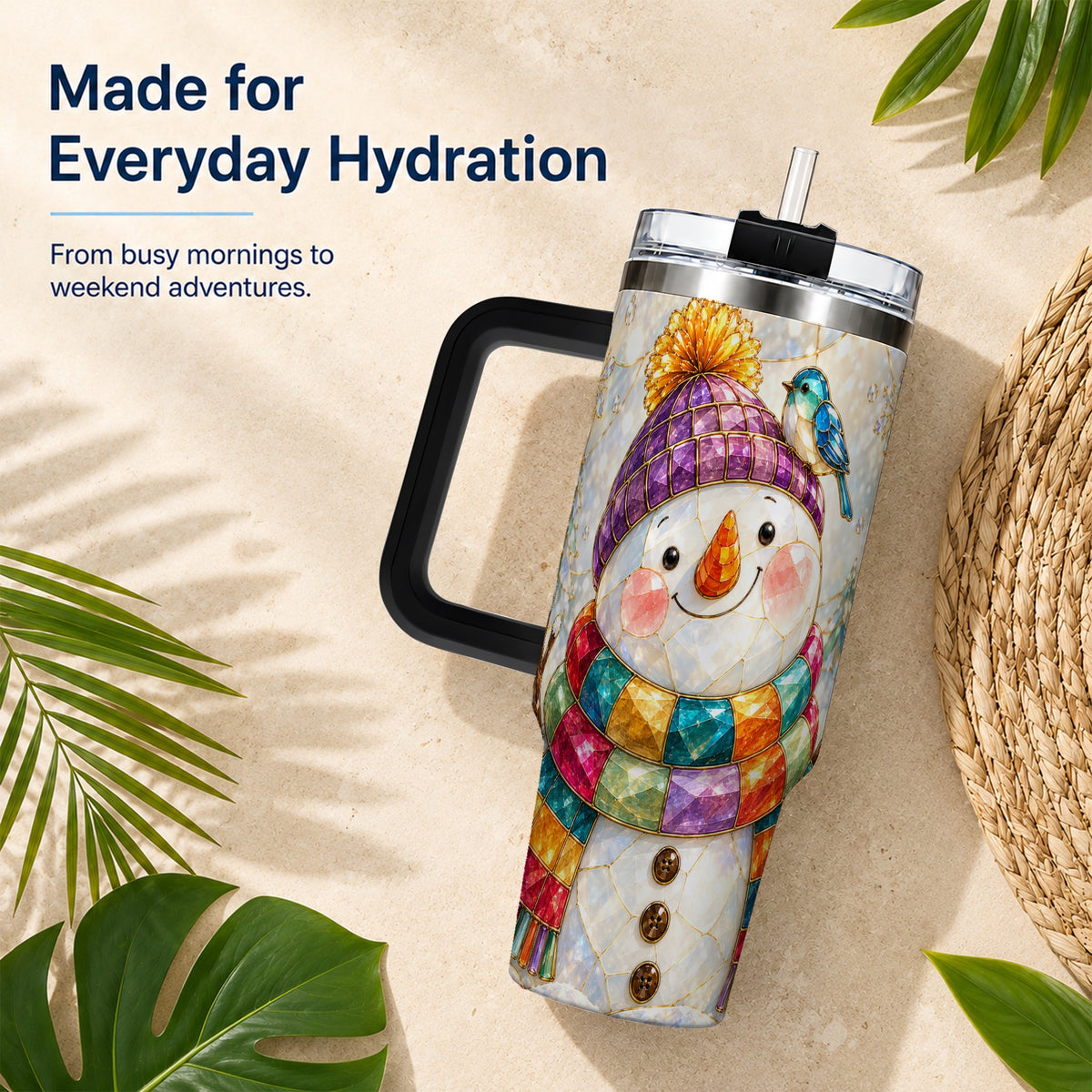#pl[40oz|Black] Mosaic Snowman 40oz Tumbler with Handle, Winter Travel Cup