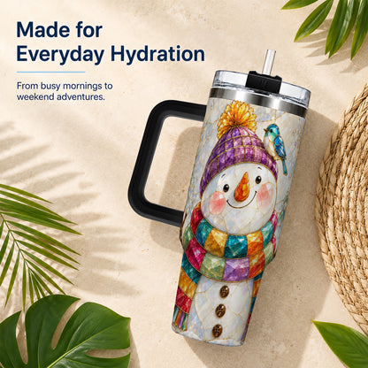 #pl[40oz|Black] Mosaic Snowman 40oz Tumbler with Handle, Winter Travel Cup