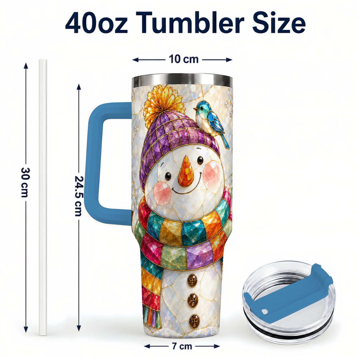 #pl[40oz|Blue] Mosaic Snowman 40oz Tumbler with Handle, Winter Travel Cup