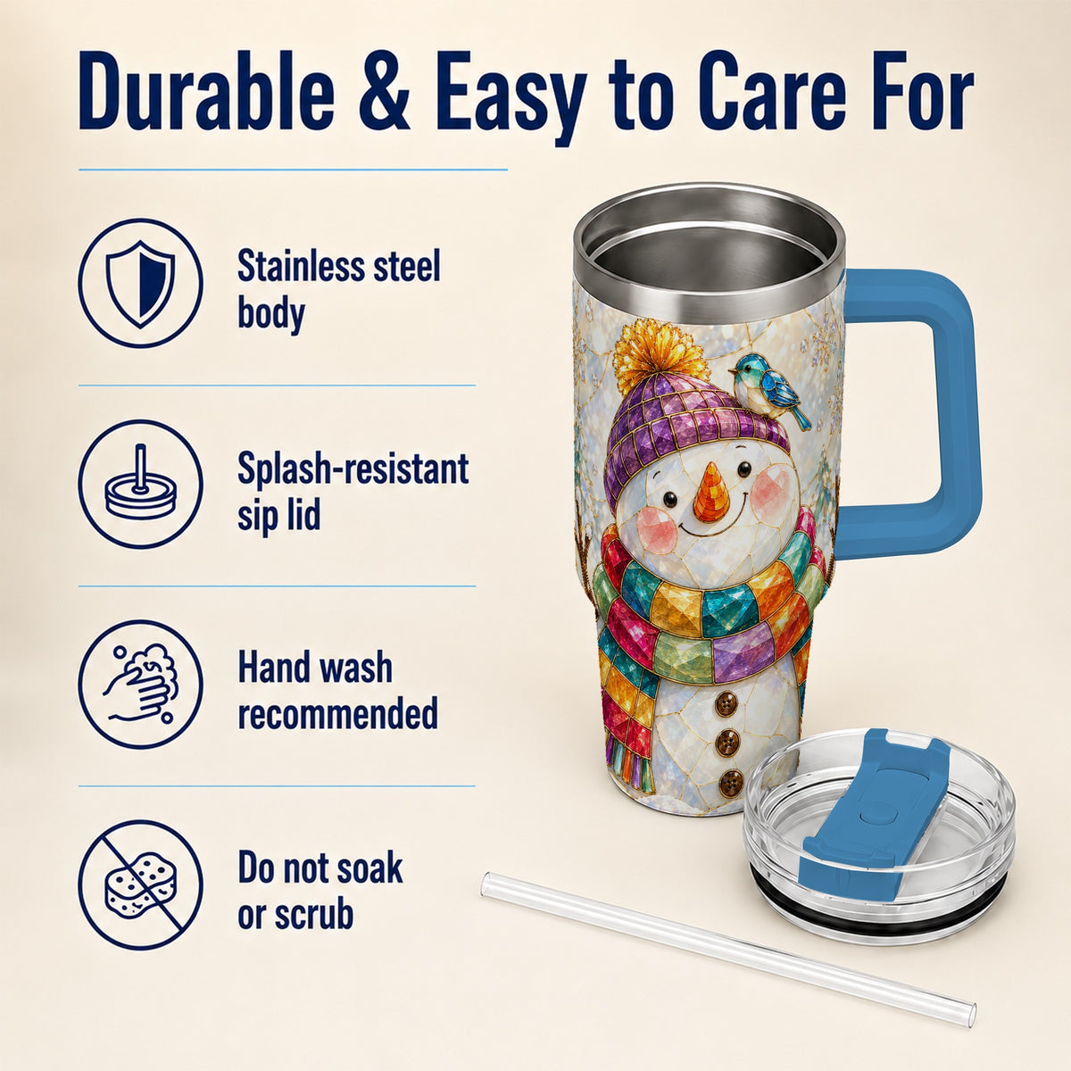 #pl[40oz|Blue] Mosaic Snowman 40oz Tumbler with Handle, Winter Travel Cup