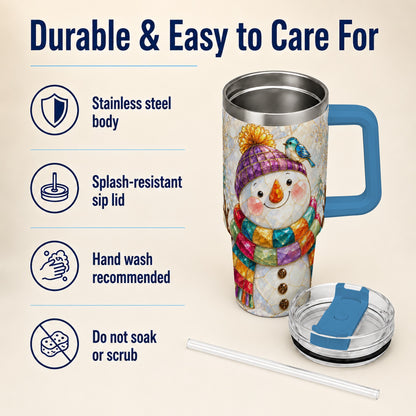 #pl[40oz|Blue] Mosaic Snowman 40oz Tumbler with Handle, Winter Travel Cup
