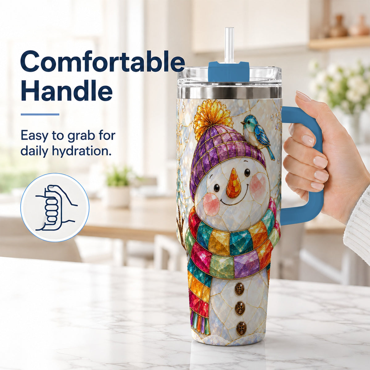 #pl[40oz|Blue] Mosaic Snowman 40oz Tumbler with Handle, Winter Travel Cup