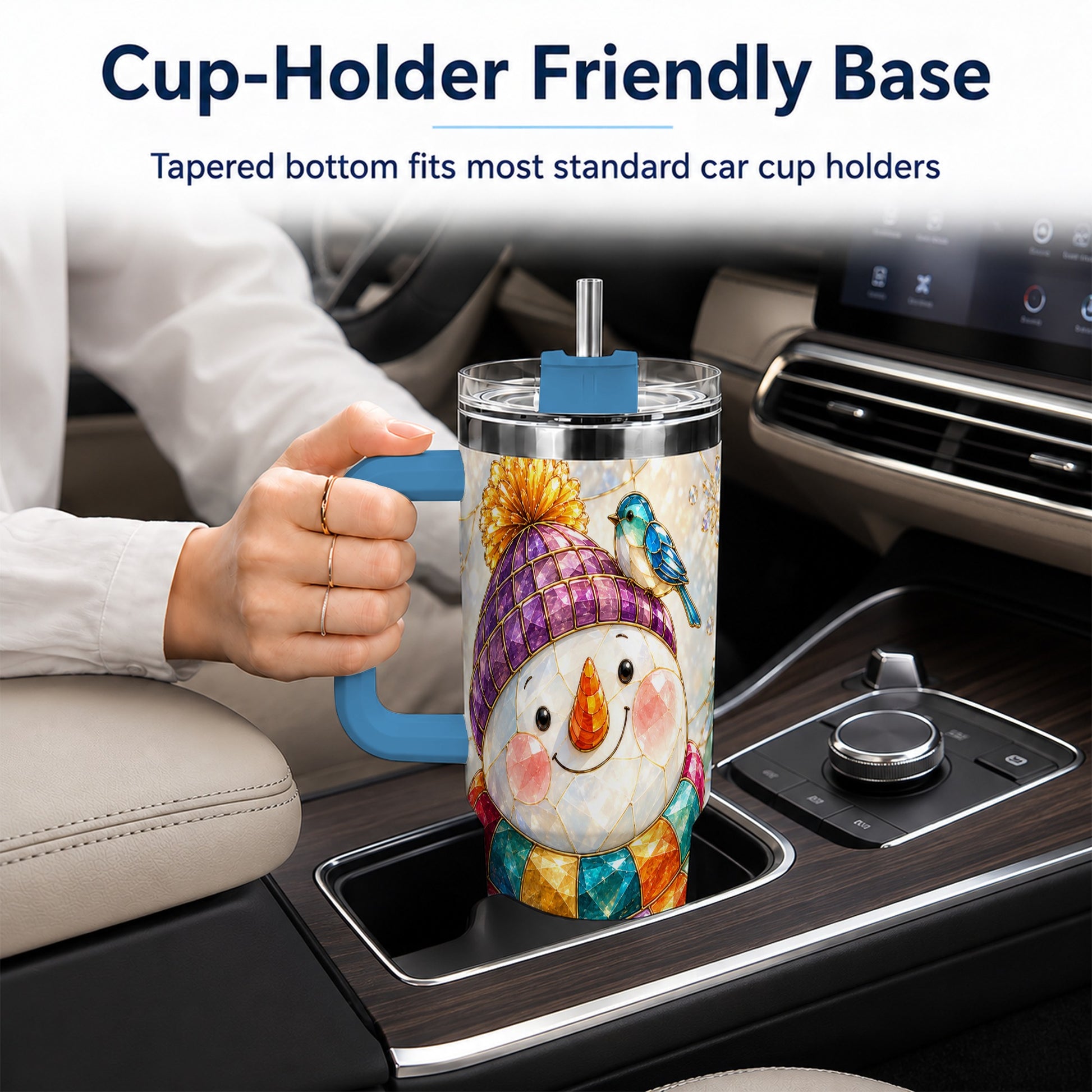#pl[40oz|Blue] Mosaic Snowman 40oz Tumbler with Handle, Winter Travel Cup