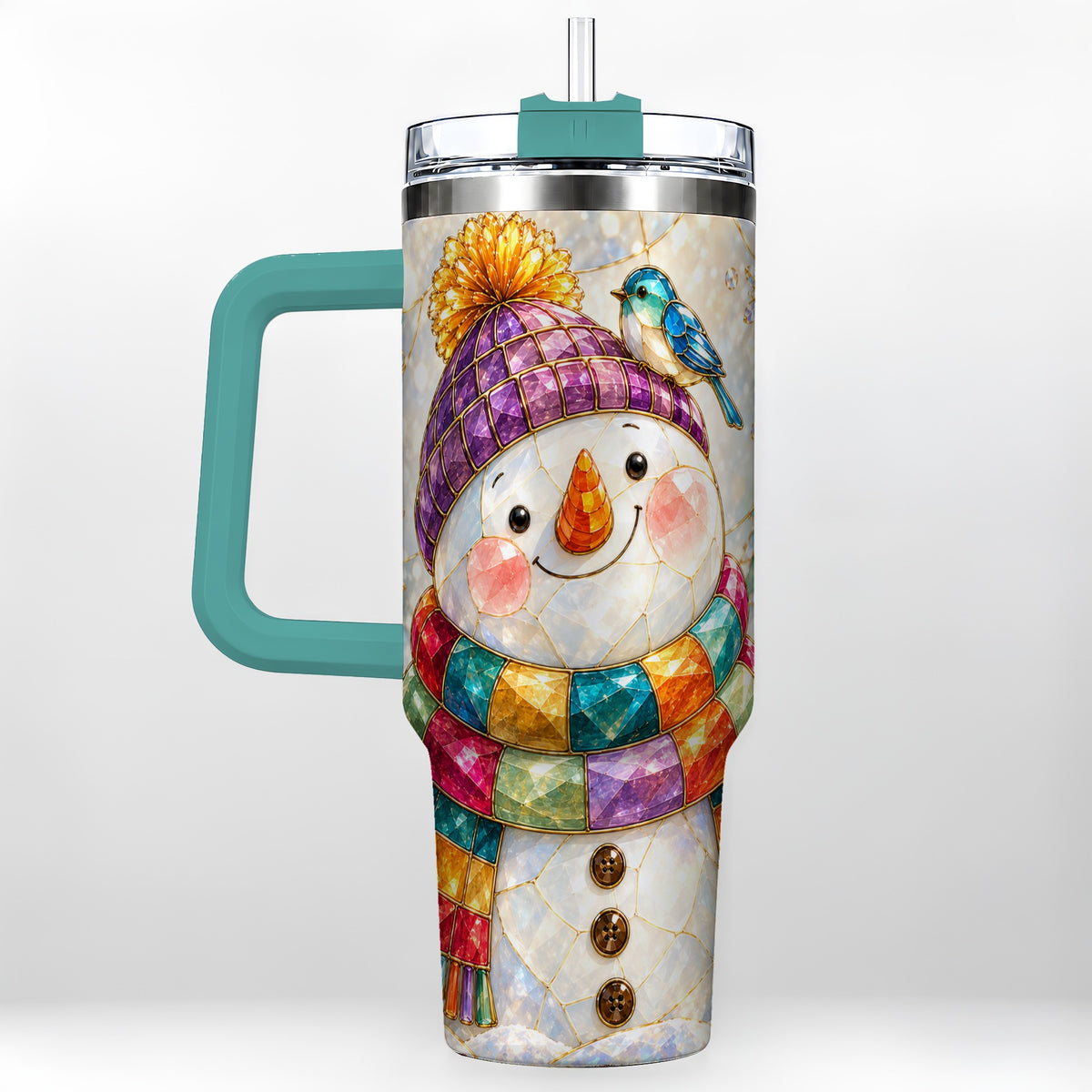 #pl[40oz|Green] Mosaic Snowman 40oz Tumbler with Handle, Winter Travel Cup