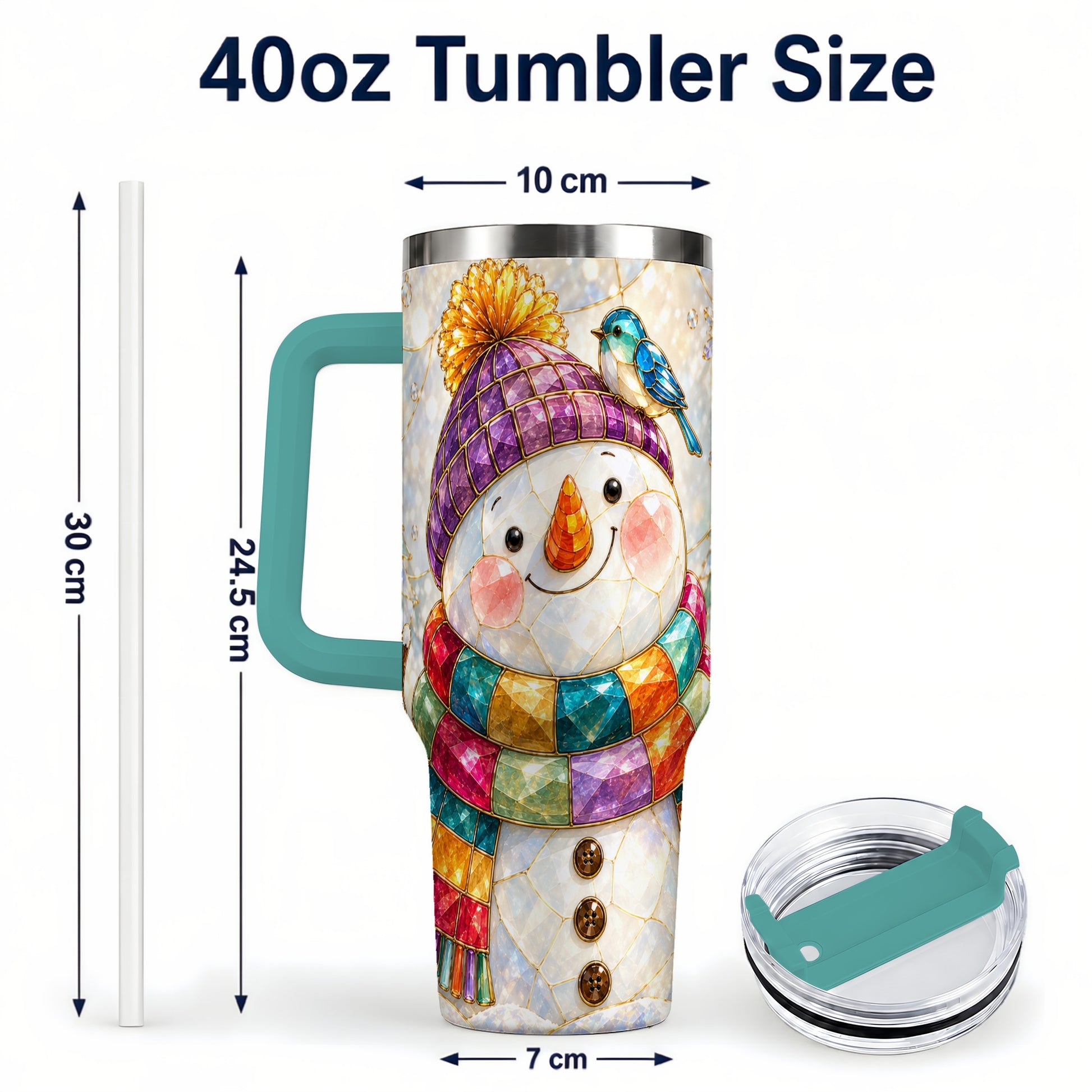 #pl[40oz|Green] Mosaic Snowman 40oz Tumbler with Handle, Winter Travel Cup