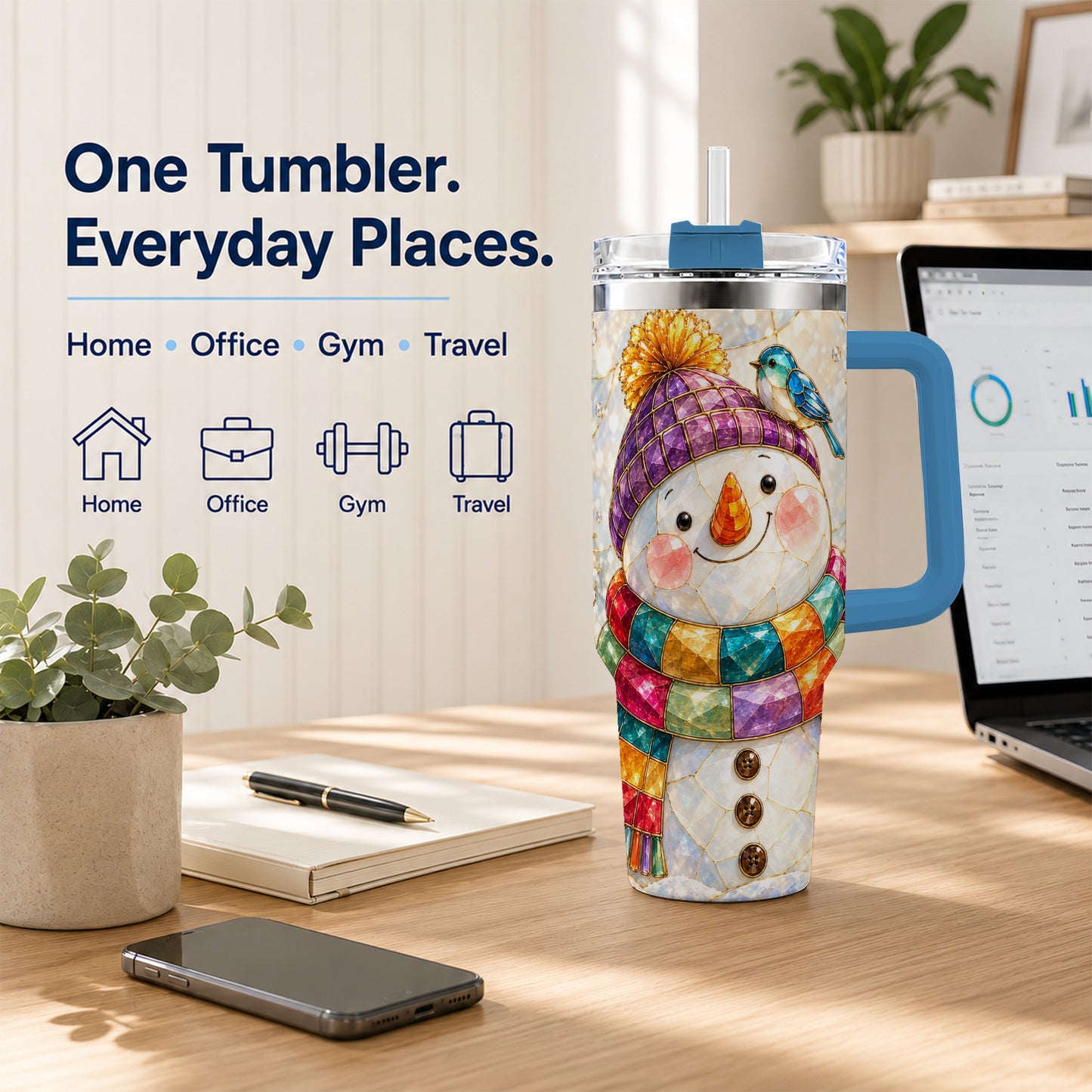 #pl[40oz|Blue] Mosaic Snowman 40oz Tumbler with Handle, Winter Travel Cup