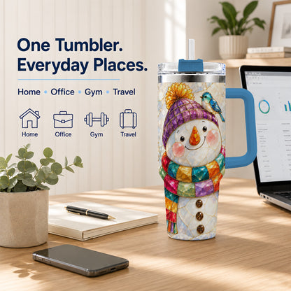 #pl[40oz|Blue] Mosaic Snowman 40oz Tumbler with Handle, Winter Travel Cup