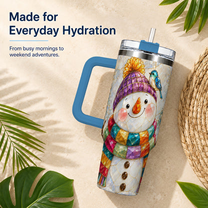 #pl[40oz|Blue] Mosaic Snowman 40oz Tumbler with Handle, Winter Travel Cup