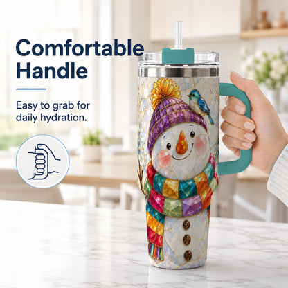 #pl[40oz|Green] Mosaic Snowman 40oz Tumbler with Handle, Winter Travel Cup
