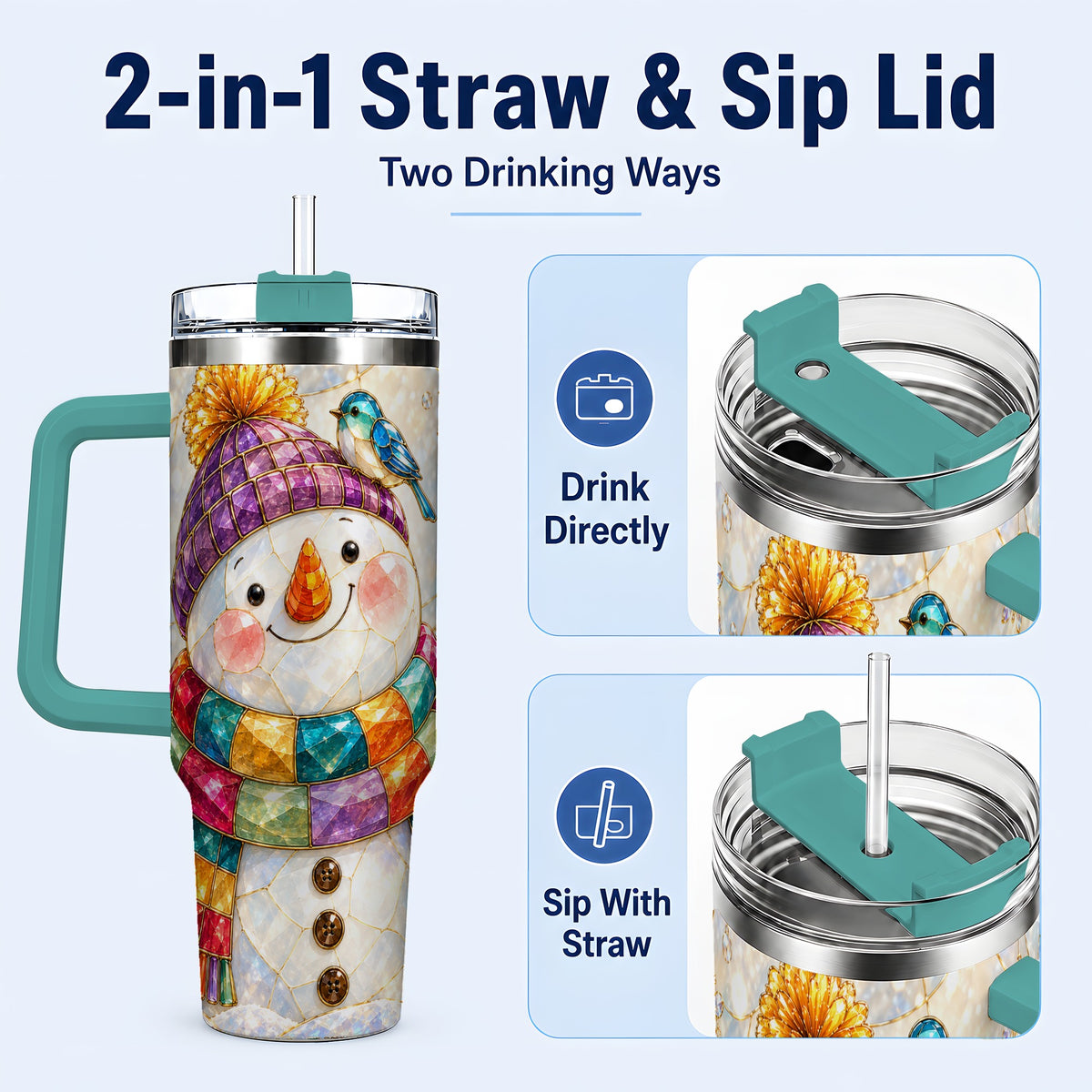 #pl[40oz|Green] Mosaic Snowman 40oz Tumbler with Handle, Winter Travel Cup