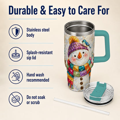 #pl[40oz|Green] Mosaic Snowman 40oz Tumbler with Handle, Winter Travel Cup