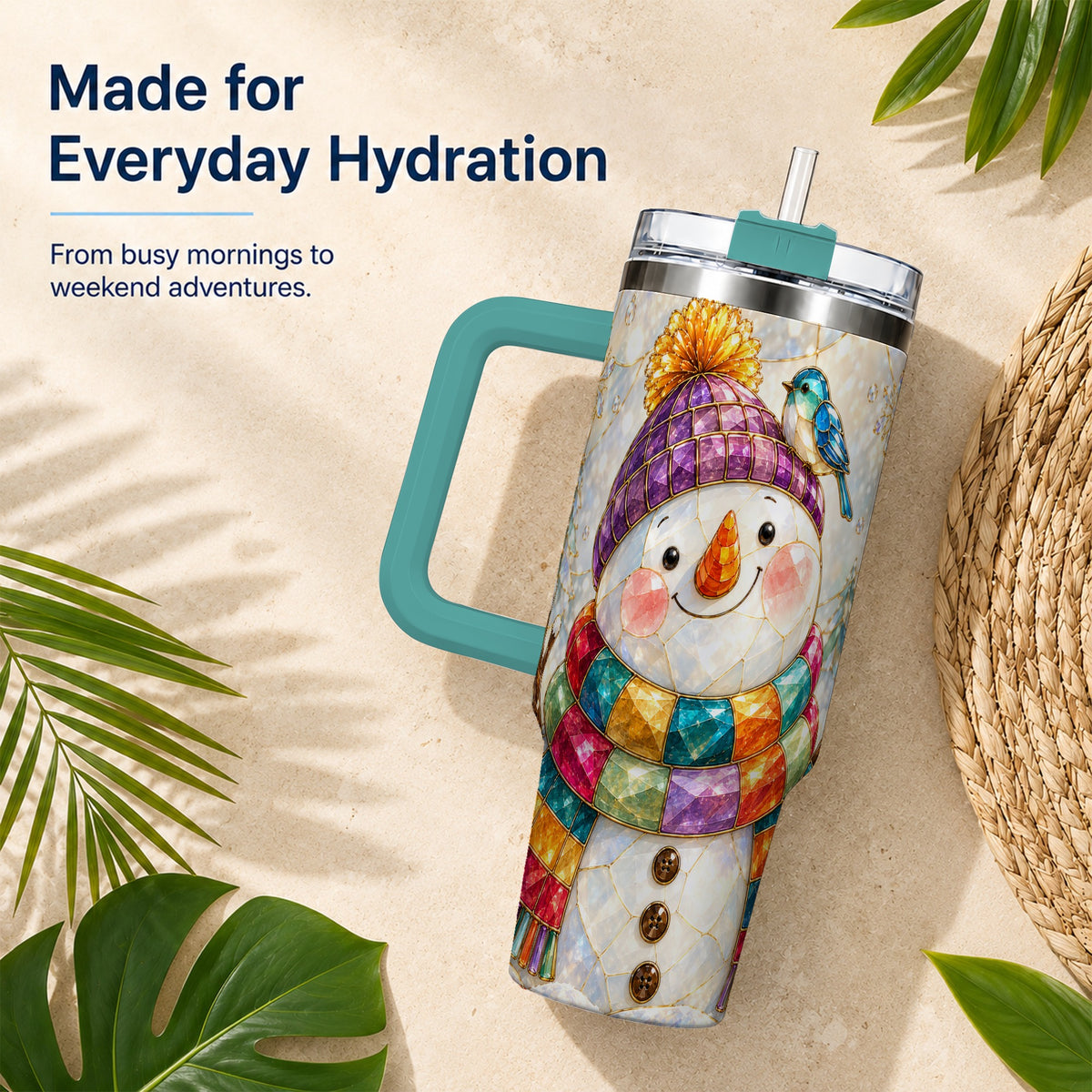 #pl[40oz|Green] Mosaic Snowman 40oz Tumbler with Handle, Winter Travel Cup
