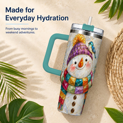 #pl[40oz|Green] Mosaic Snowman 40oz Tumbler with Handle, Winter Travel Cup