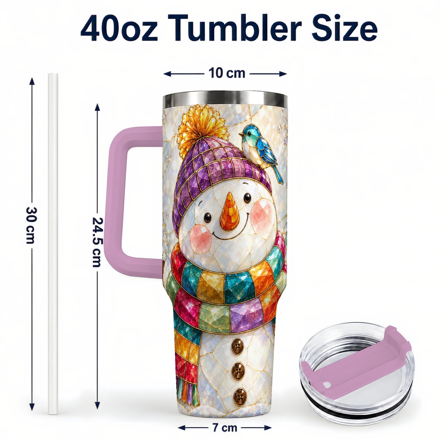#pl[40oz|Pink] Mosaic Snowman 40oz Tumbler with Handle, Winter Travel Cup