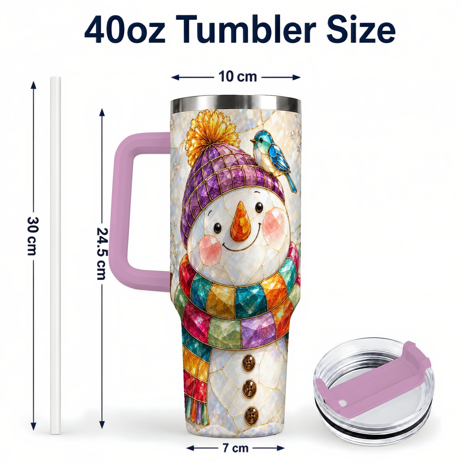 #pl[40oz|Pink] Mosaic Snowman 40oz Tumbler with Handle, Winter Travel Cup
