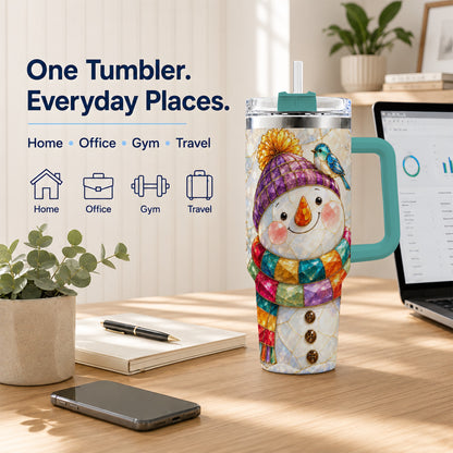 #pl[40oz|Green] Mosaic Snowman 40oz Tumbler with Handle, Winter Travel Cup