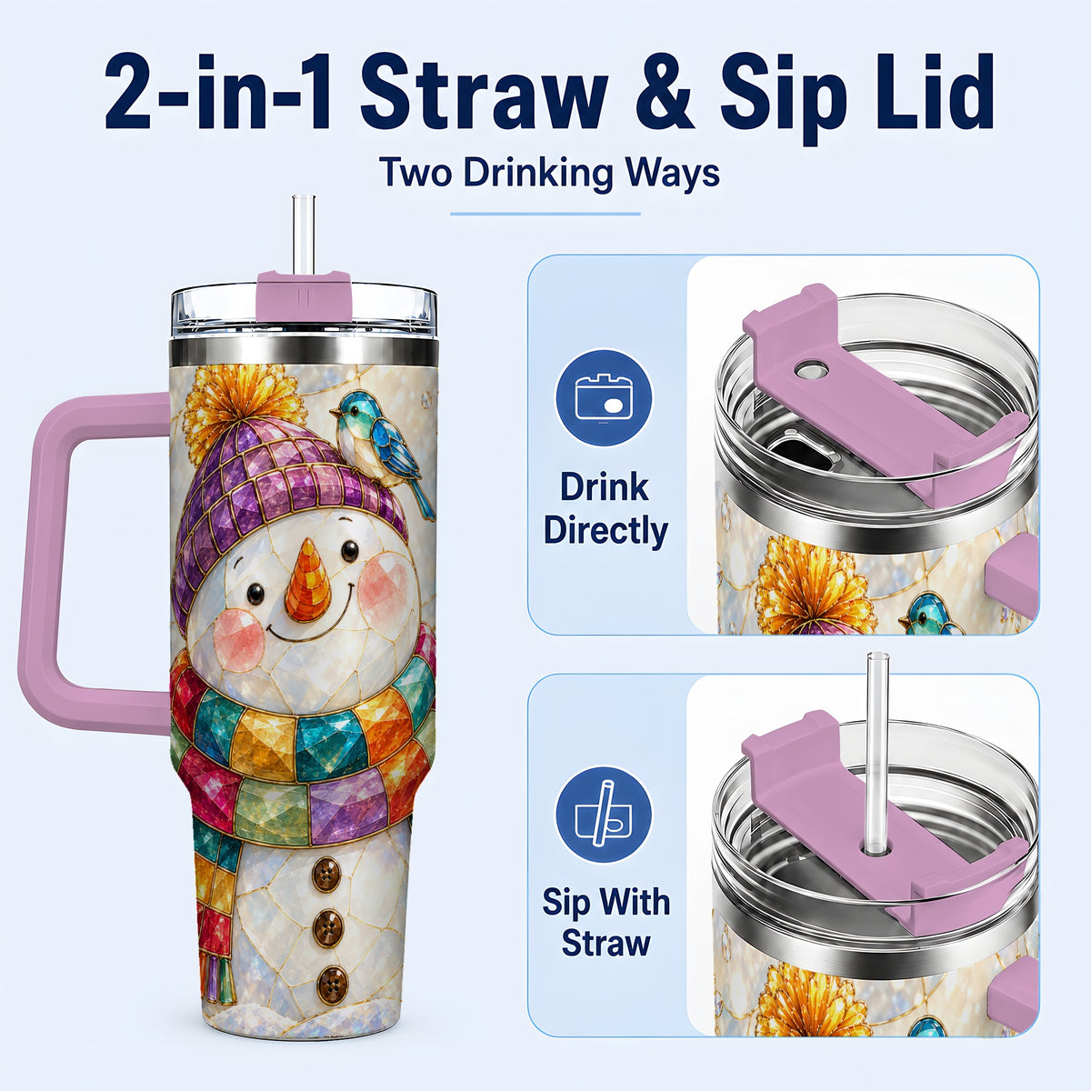 #pl[40oz|Pink] Mosaic Snowman 40oz Tumbler with Handle, Winter Travel Cup