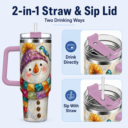 #pl[40oz|Pink] Mosaic Snowman 40oz Tumbler with Handle, Winter Travel Cup
