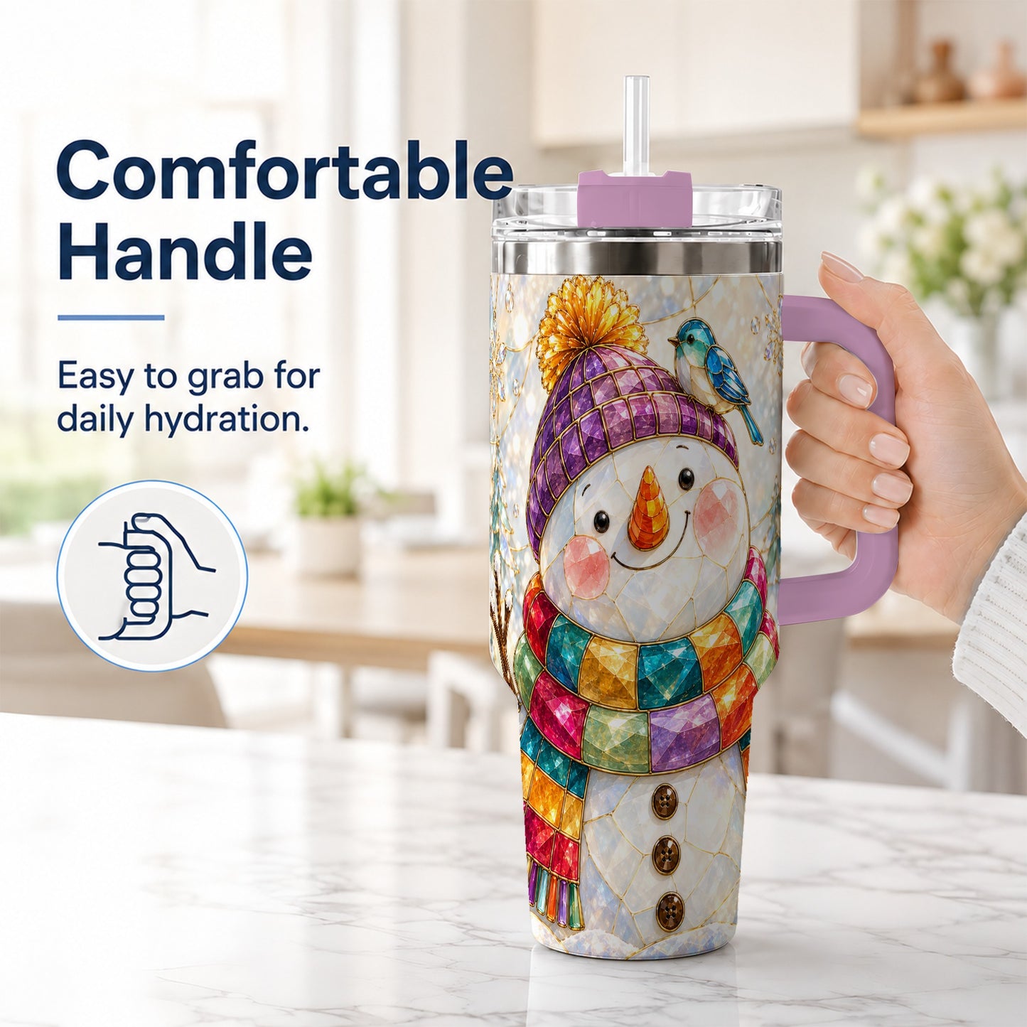 #pl[40oz|Pink] Mosaic Snowman 40oz Tumbler with Handle, Winter Travel Cup
