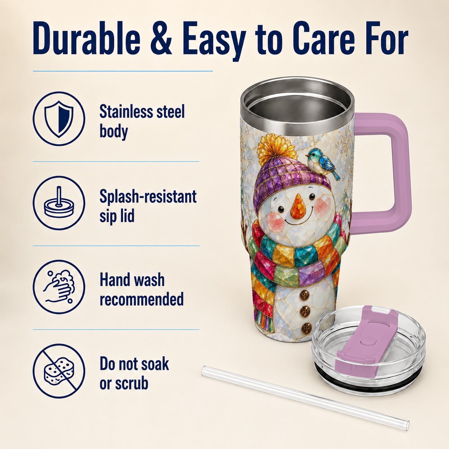 #pl[40oz|Pink] Mosaic Snowman 40oz Tumbler with Handle, Winter Travel Cup