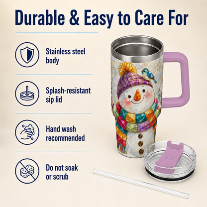 #pl[40oz|Pink] Mosaic Snowman 40oz Tumbler with Handle, Winter Travel Cup