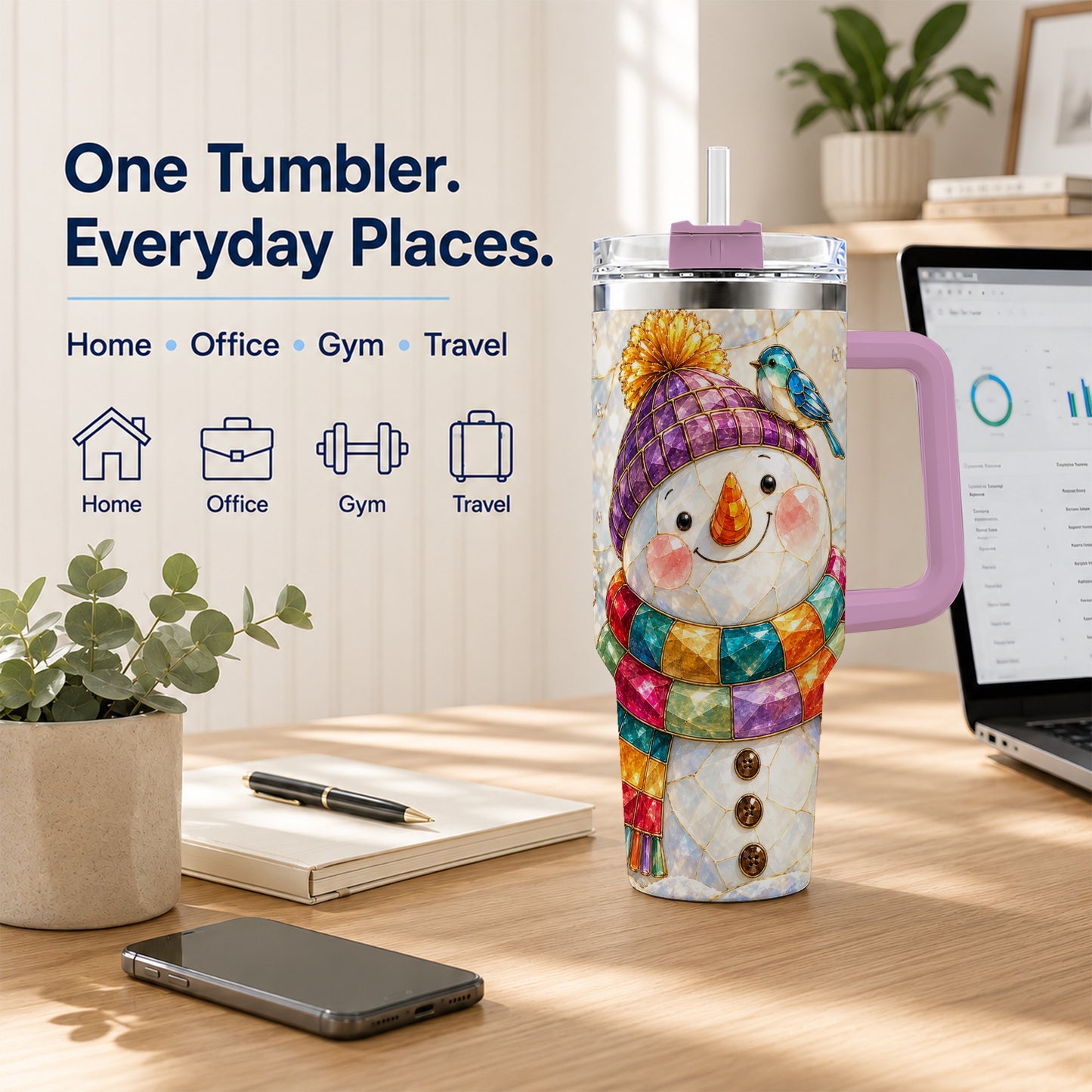 #pl[40oz|Pink] Mosaic Snowman 40oz Tumbler with Handle, Winter Travel Cup