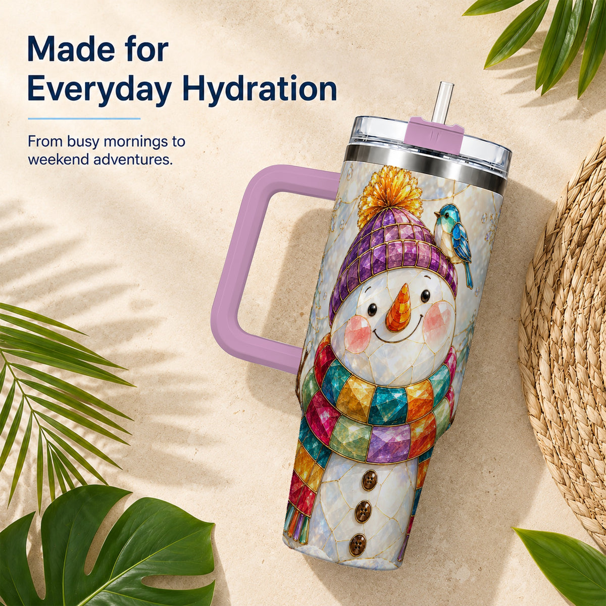 #pl[40oz|Pink] Mosaic Snowman 40oz Tumbler with Handle, Winter Travel Cup