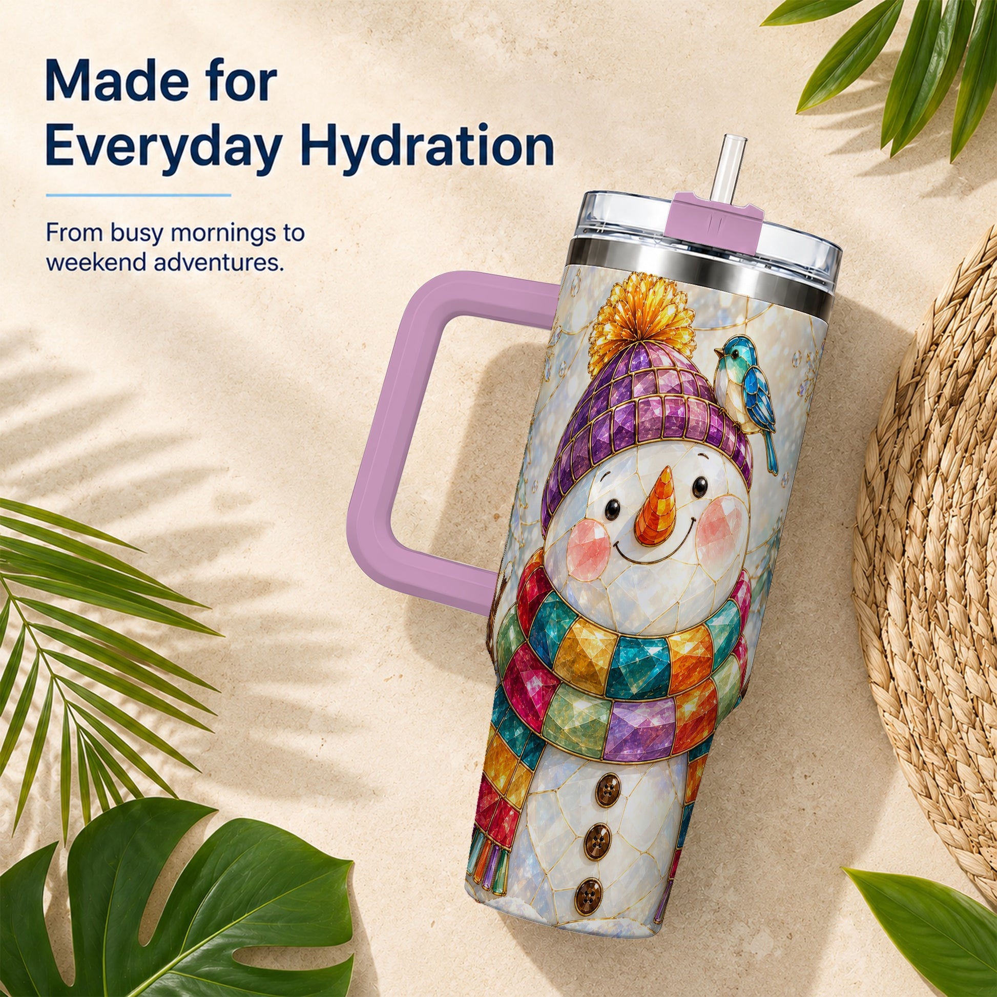 #pl[40oz|Pink] Mosaic Snowman 40oz Tumbler with Handle, Winter Travel Cup