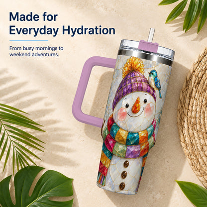 #pl[40oz|Pink] Mosaic Snowman 40oz Tumbler with Handle, Winter Travel Cup