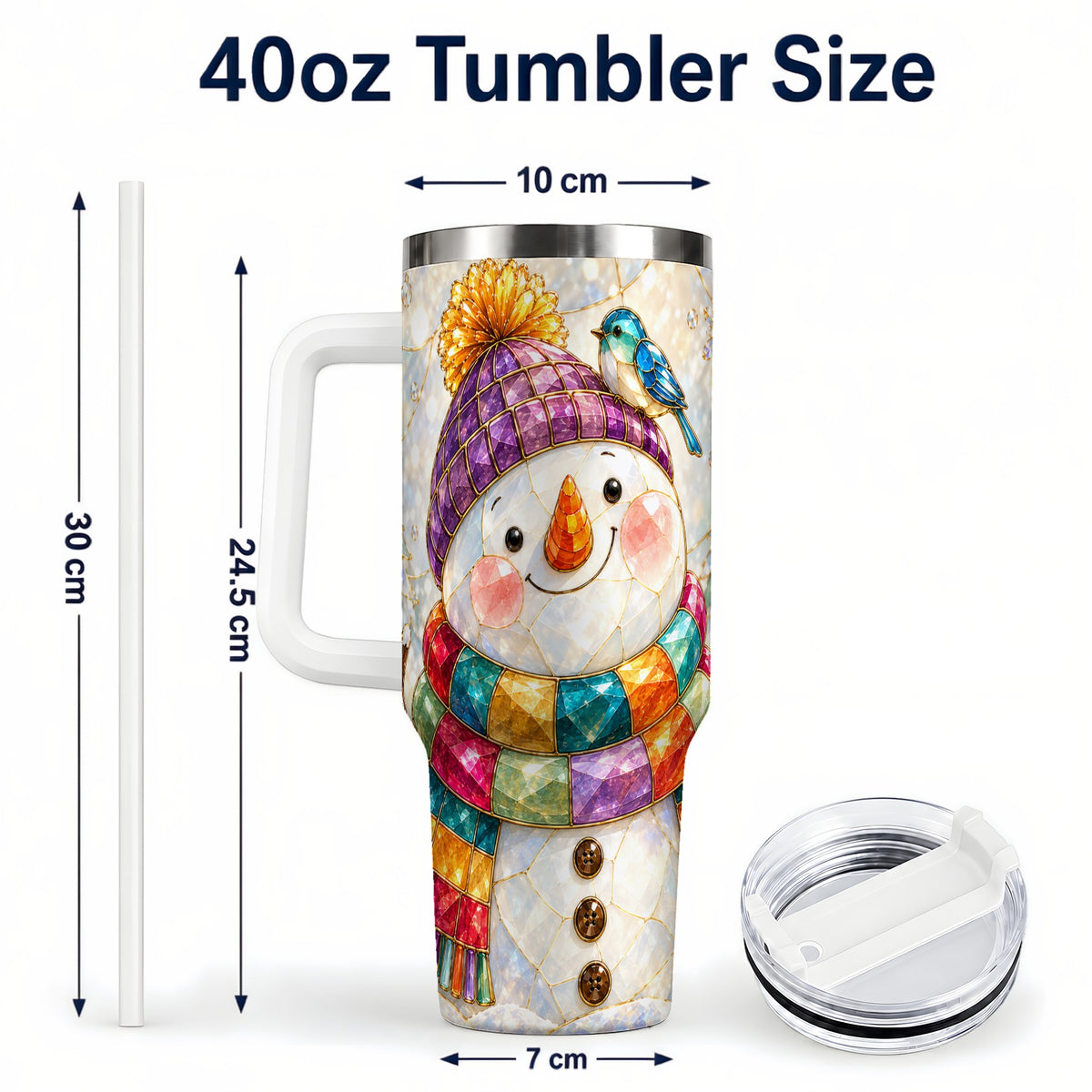 #pl[40oz|White] Mosaic Snowman 40oz Tumbler with Handle, Winter Travel Cup