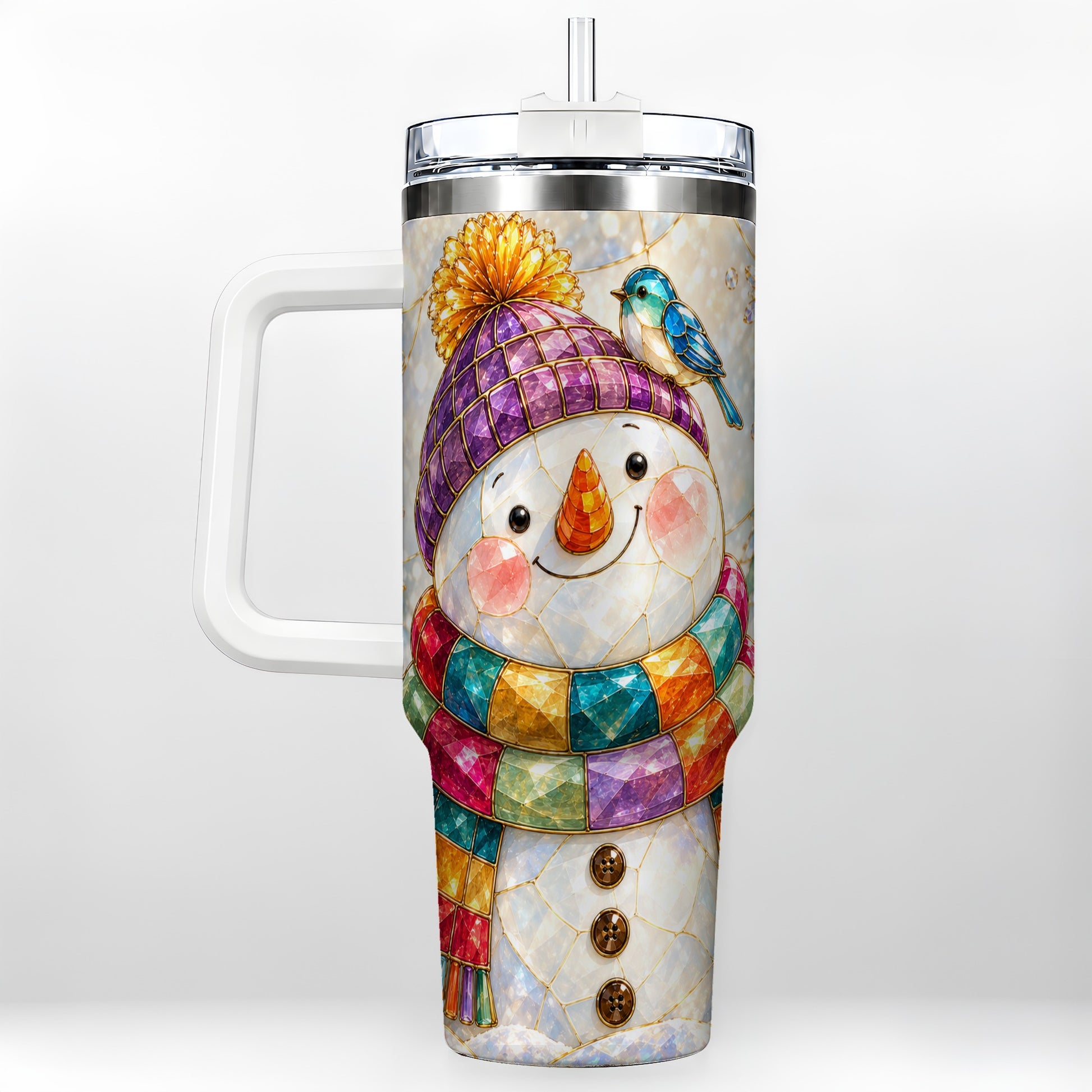 Mosaic Snowman 40oz Tumbler with Handle, Winter Travel Cup