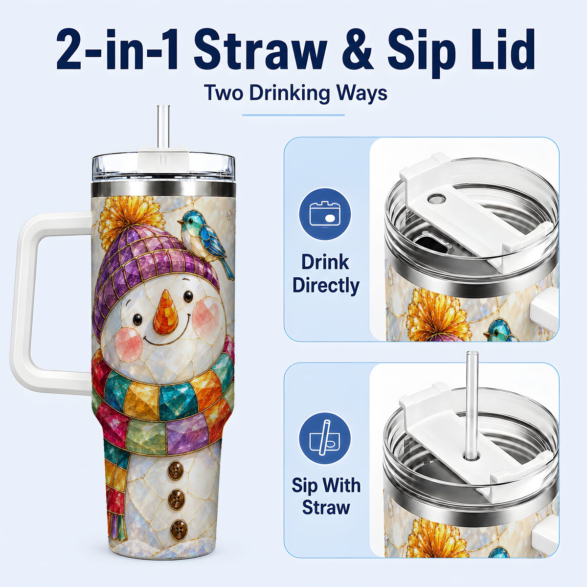 #pl[40oz|White] Mosaic Snowman 40oz Tumbler with Handle, Winter Travel Cup