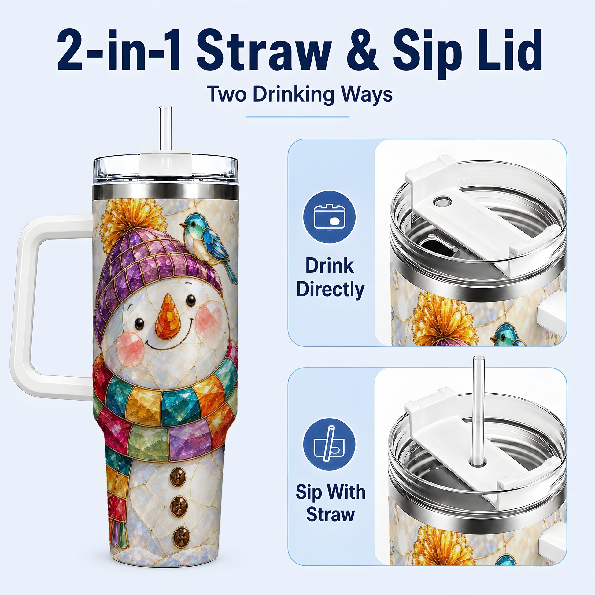 #pl[40oz|White] Mosaic Snowman 40oz Tumbler with Handle, Winter Travel Cup