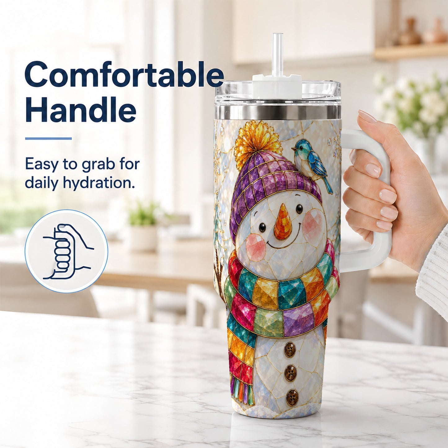 #pl[40oz|White] Mosaic Snowman 40oz Tumbler with Handle, Winter Travel Cup