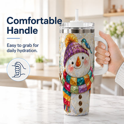 #pl[40oz|White] Mosaic Snowman 40oz Tumbler with Handle, Winter Travel Cup