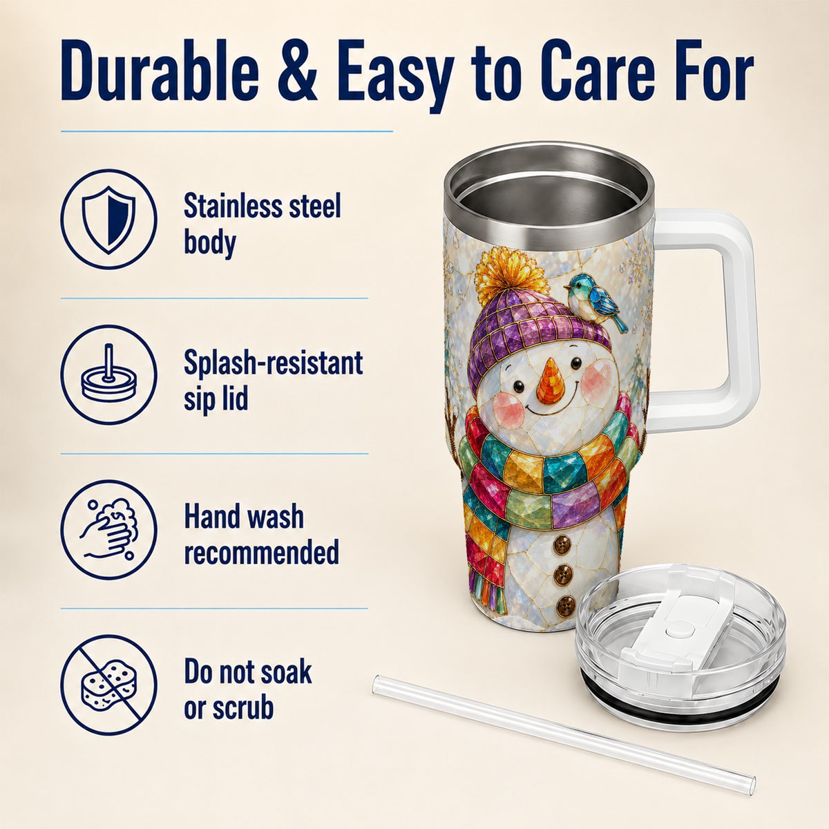 #pl[40oz|White] Mosaic Snowman 40oz Tumbler with Handle, Winter Travel Cup