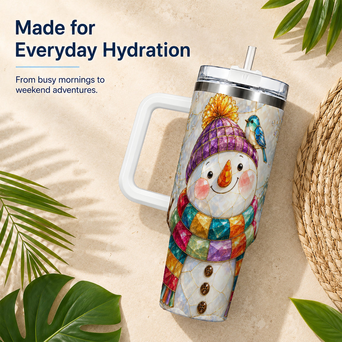 #pl[40oz|White] Mosaic Snowman 40oz Tumbler with Handle, Winter Travel Cup