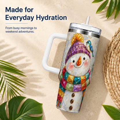 #pl[40oz|White] Mosaic Snowman 40oz Tumbler with Handle, Winter Travel Cup
