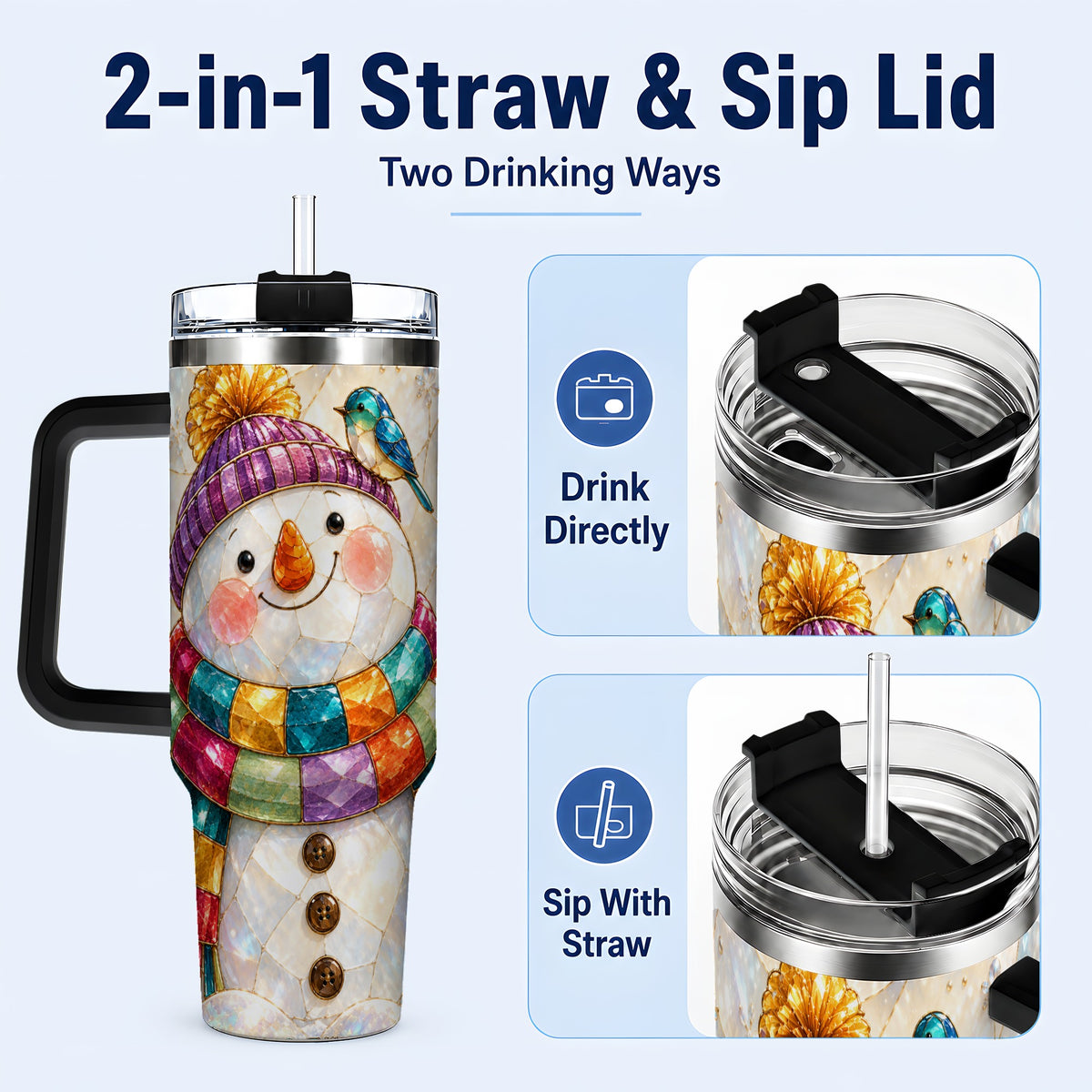 #pl[40oz|Black] Rainbow Snowman 40oz Tumbler with Handle, Winter Stainless Steel Cup